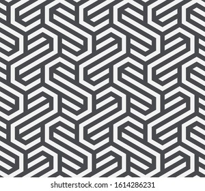 Pattern with with stripes, poligons and hexagonal elements. Trendy design with monochrome geometric shapes. Stylish seamless print, Repeating abstract background. Mosaic texture, decorative lattice.