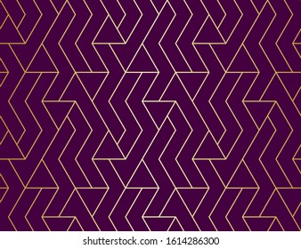 Pattern with with stripes, poligons and hexagonal elements. Trendy design with golden geometric shapes. Stylish seamless print, Repeating abstract background. Mosaic texture, decorative lattice.