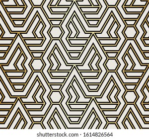 Pattern with with stripes, poligons and hexagonal elements. Trendy design with golden geometric shapes. Stylish seamless print, Repeating abstract background. Mosaic texture, decorative lattice.