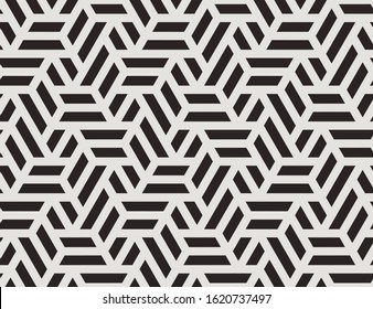 Pattern with with stripes, poligons and hexagonal elements. Trendy design with monochrome geometric shapes. Stylish seamless print, Repeating abstract background. Mosaic texture, decorative lattice.