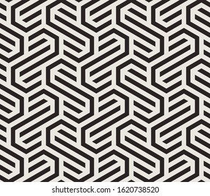 Pattern with with stripes, poligons and hexagonal elements. Trendy design with monochrome geometric shapes. Stylish seamless print, Repeating abstract background. Mosaic texture, decorative lattice.