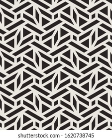 Pattern with with stripes, poligons and hexagonal elements. Trendy design with monochrome geometric shapes. Stylish seamless print, Repeating abstract background. Mosaic texture, decorative lattice.