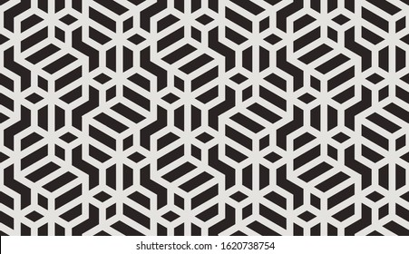 Pattern with with stripes, poligons and hexagonal elements. Trendy design with dark geometric shapes on light. Stylish seamless monochrome print, Repeating abstract background. Mosaic texture.