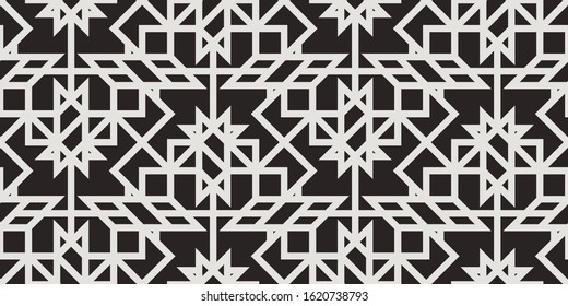 Pattern with with stripes, poligons and hexagonal elements. Trendy design with monochrome geometric shapes. Stylish seamless print, Repeating abstract background. Mosaic texture, decorative lattice.