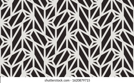 Pattern with with stripes, poligons and hexagonal elements. Trendy design with monochrome geometric shapes. Stylish seamless print, Repeating abstract background. Mosaic texture, decorative lattice.