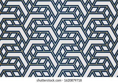 Pattern with with stripes, poligons and hexagonal elements. Trendy design with golden geometric shapes. Stylish seamless print, Repeating abstract background. Mosaic texture, decorative lattice.