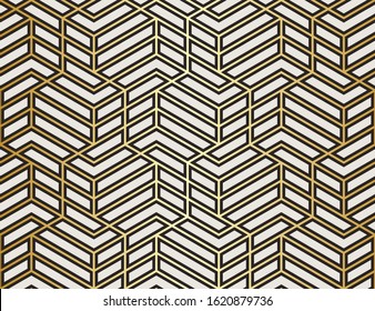 Pattern with with stripes, poligons and hexagonal elements. Trendy design with golden geometric shapes. Stylish seamless print, Repeating abstract background. Mosaic texture, decorative lattice.