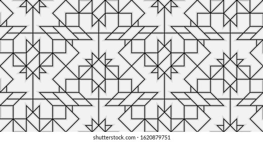 Pattern with with stripes, poligons and hexagonal elements. Trendy design with monochrome geometric shapes. Stylish seamless print, Repeating abstract background. Mosaic texture, decorative lattice.