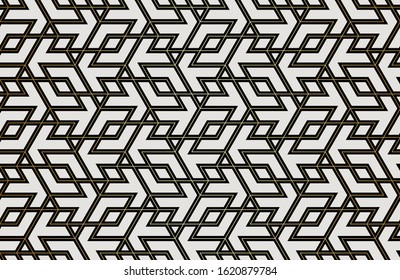 Pattern with with stripes, poligons and hexagonal elements. Trendy design with golden geometric shapes. Stylish seamless print, Repeating abstract background. Mosaic texture, decorative lattice.