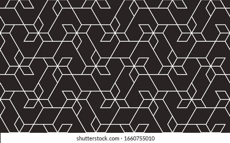 Pattern with with stripes, poligons and hexagonal elements. Trendy design with monochrome geometric shapes. Stylish seamless print, Repeating abstract background. Mosaic texture, decorative lattice.