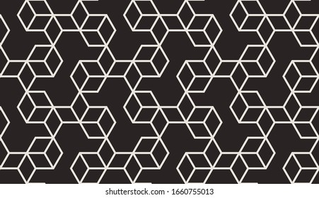 Muster mit Streifen, Poligonen und sechseckigen Elementen. Trendy Design mit monochromen geometrischen Formen. Stilvolles, nahtloses Drucken, Wiederholung abstrakter Hintergrund. Mosaikstruktur, dekoratives Gitter.