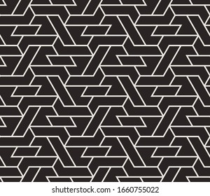 Muster mit Streifen, Poligonen und sechseckigen Elementen. Trendy Design mit monochromen geometrischen Formen. Stilvolles, nahtloses Drucken, Wiederholung abstrakter Hintergrund. Mosaikstruktur, dekoratives Gitter.