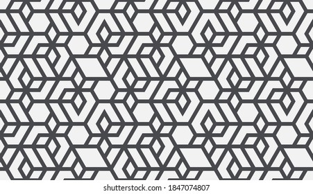 Pattern with with stripes, poligons and hexagonal elements. Trendy design with monochrome geometric shapes. Stylish seamless print, Repeating abstract background. Mosaic texture, decorative lattice.