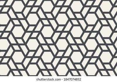 Pattern with with stripes, poligons and hexagonal elements. Trendy design with dark geometric shapes on light. Stylish seamless monochrome print, Repeating abstract background. Mosaic texture.