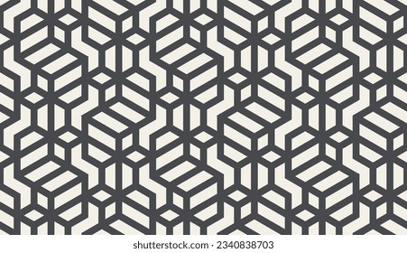 Pattern with with stripes, poligons and hexagonal elements. Trendy design with dark geometric shapes on light. Stylish seamless monochrome print, Repeating abstract background. Mosaic texture.