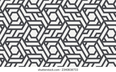 Pattern with with stripes, poligons and hexagonal elements. Trendy design with monochrome geometric shapes. Stylish seamless print, Repeating abstract background. Mosaic texture, decorative lattice.