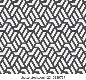 Pattern with with stripes, poligons and hexagonal elements. Trendy design with monochrome geometric shapes. Stylish seamless print, Repeating abstract background. Mosaic texture, decorative lattice.