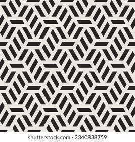 Pattern with with stripes, poligons and hexagonal elements. Trendy design with monochrome geometric shapes. Stylish seamless print, Repeating abstract background. Mosaic texture, decorative lattice.