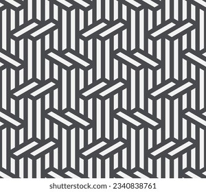 Pattern with with stripes, poligons and hexagonal elements. Trendy design with monochrome geometric shapes. Stylish seamless print, Repeating abstract background. Mosaic texture, decorative lattice.