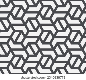 Pattern with with stripes, poligons and hexagonal elements. Trendy design with monochrome geometric shapes. Stylish seamless print, Repeating abstract background. Mosaic texture, decorative lattice.