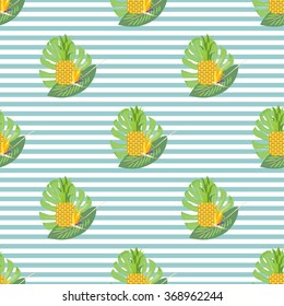 The pattern strips with exotic, tropical pineapples, palm leaves.. Vector.