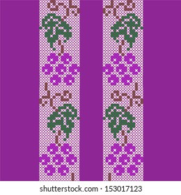 Pattern from strips of grapes on a pink background. Imitation embroidery
