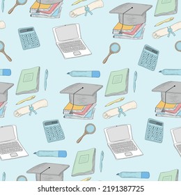 pattern with student attributes for design, template with school attributes - laptop, magnifying glass, books, notebook for printing. Vector isolated on blue background.