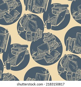 Pattern study with books and laptop, Student, kids textile print, fabric design, wrapping paper, scrapbook, background and more. Back to school theme hand drawn illustration. Cartoon vector drawing.