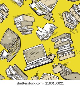 Estudio de patrones con libros y laptops, Student, impresión textil infantil, diseño de tela, papel envolvente, libro de recortes, fondo y más. De vuelta al tema escolar, ilustración dibujada a mano. Dibujo vectorial de dibujos animados.