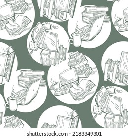 Pattern study with books and laptop, Student, kids textile print, fabric design, wrapping paper, scrapbook, background and more. Back to school theme hand drawn illustration. Cartoon vector drawing.