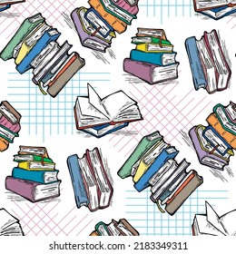 Pattern study with books and laptop, Student, kids textile print, fabric design, wrapping paper, scrapbook, background and more. Back to school theme hand drawn illustration. Cartoon vector drawing.