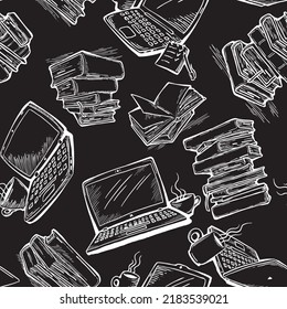 Pattern study with books and laptop, Student, kids textile print, fabric design, wrapping paper, scrapbook, background and more. Back to school theme hand drawn illustration. Cartoon vector drawing.