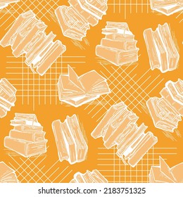 Pattern study with books and laptop, Student, kids textile print, fabric design, wrapping paper, scrapbook, background and more. Back to school theme hand drawn illustration. Cartoon vector drawing.