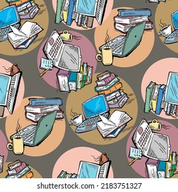 Pattern study with books and laptop, Student, kids textile print, fabric design, wrapping paper, scrapbook, background and more. Back to school theme hand drawn illustration. Cartoon vector drawing.