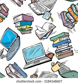 Pattern study with books and laptop, Student, kids textile print, fabric design, wrapping paper, scrapbook, background and more. Back to school theme hand drawn illustration. Cartoon vector drawing.