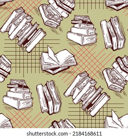 Estudio de patrones con libros y laptops, Student, impresión textil infantil, diseño de tela, papel envolvente, libro de recortes, fondo y más. De vuelta al tema escolar, ilustración dibujada a mano. Dibujo vectorial de dibujos animados.