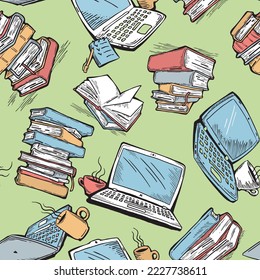 Pattern study with books and laptop, Student, kids textile print, fabric design, wrapping paper, scrapbook, background and more. Back to school theme hand drawn illustration. Cartoon vector drawing.