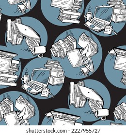 Pattern study with books and laptop, Student, kids textile print, fabric design, wrapping paper, scrapbook, background and more. Back to school theme hand drawn illustration. Cartoon vector drawing.