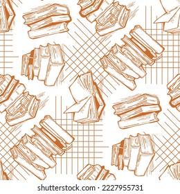 Pattern study with books and laptop, Student, kids textile print, fabric design, wrapping paper, scrapbook, background and more. Back to school theme hand drawn illustration. Cartoon vector drawing.