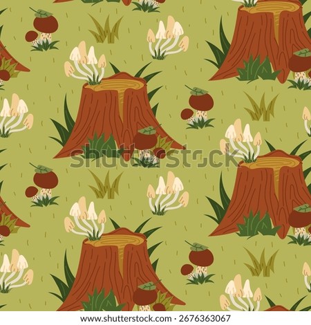 pattern of stumps in grass is covered with mushrooms. Flat color seamless texture. Forest. felled tree is covered with mushrooms. Design for packaging in theme of picnic, camping, walking in forest