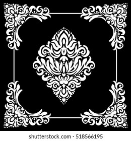 Pattern in the style of baroque. Damask texture with orient and floral elements. Black and white colors