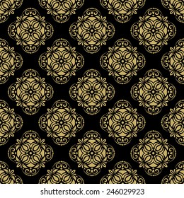 Pattern in the style of Baroque. Seamless vector background. Damask floral texture with orient and floral elements. Black and golden colors
