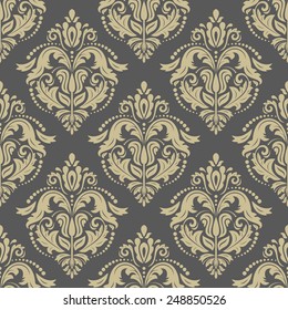 Pattern in the style of baroque. Seamless vector background. Damask texture with golden orient and floral elements