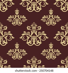 Pattern in the style of baroque. Seamless vector background. Damask texture with golden orient and floral elements