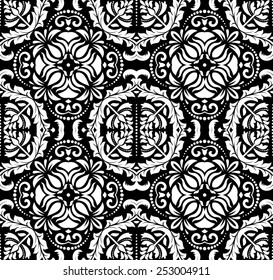 Pattern in the style of baroque. Seamless vector background. Damask texture with black orient and floral elements