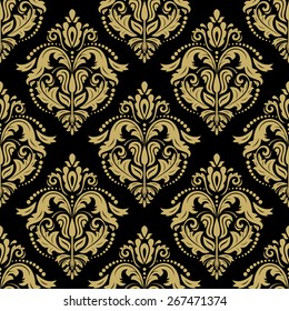 Pattern in the style of baroque. Seamless vector background. Damask texture with orient and floral elements. Black and golden colors