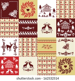 Pattern in the style of patchwork with Tyrolean motifs. Seamless pattern for fabric, paper and other printing and web projects.