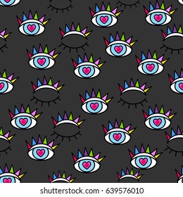 Pattern in the style of psychedelic eyes. Closed and open eye. Print for the fabric cover, the book.Vector comic seamless pattern in pop retro artstyle. Abstract background for girls, boys, clothes.