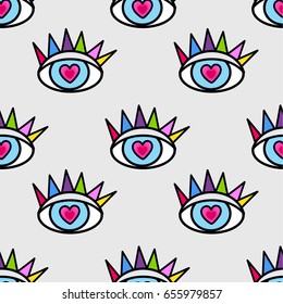 Pattern in the style of psychedelic eyes. Closed and open eye. Print for the fabric cover, the book.Vector comic seamless pattern in pop retro artstyle. Abstract background for girls, boys, clothes.