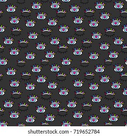 Pattern in the style of psychedelic eyes. Closed and open eye. Print for the fabric cover, the book.Vector comic seamless pattern in pop retro artstyle. Abstract background for girls, boys, clothes.